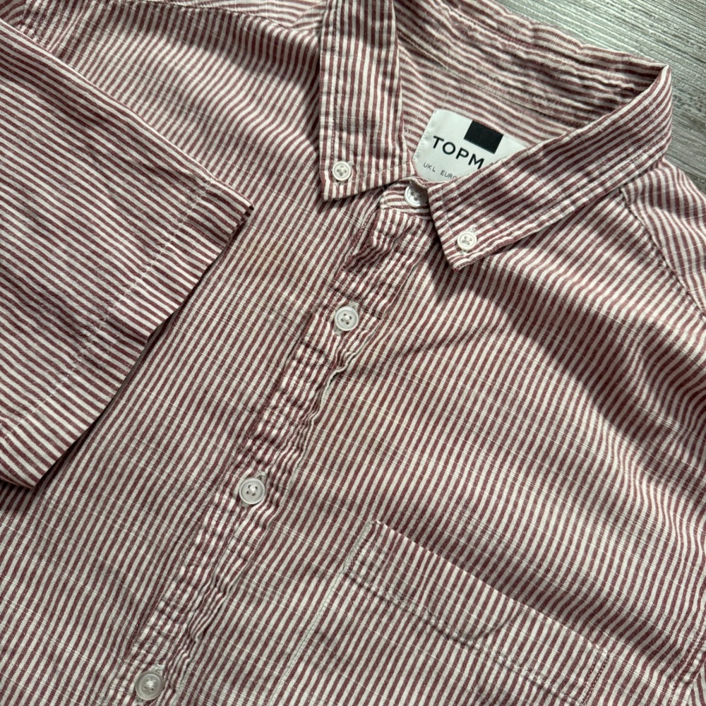 Topman Shirt Mens Large Red White Striped Cotton Casual Short Sleeve Seersucker